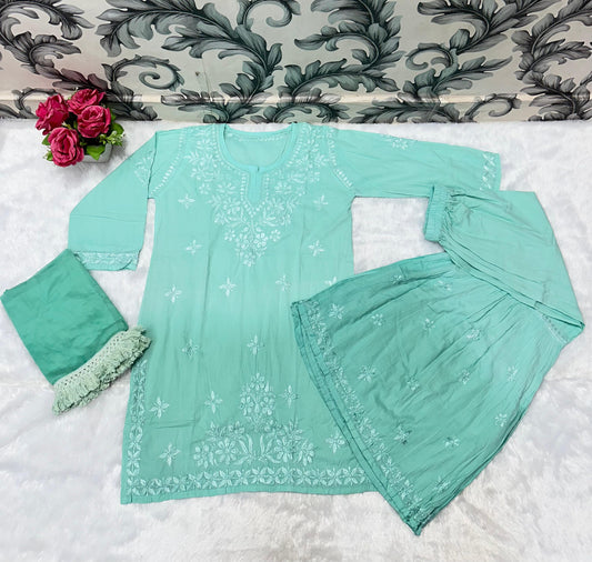 Green Beautiful Lucknow Chikankari Work Ombre Dye Short Kurti, Gharara & Dupatta Sets