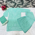 Green Beautiful Lucknow Chikankari Work Ombre Dye Short Kurti, Gharara & Dupatta Sets