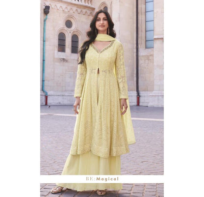 Pastel Yellow Elegant Front Slit Chikan Work Salwar Kameez Suit with Dupatta