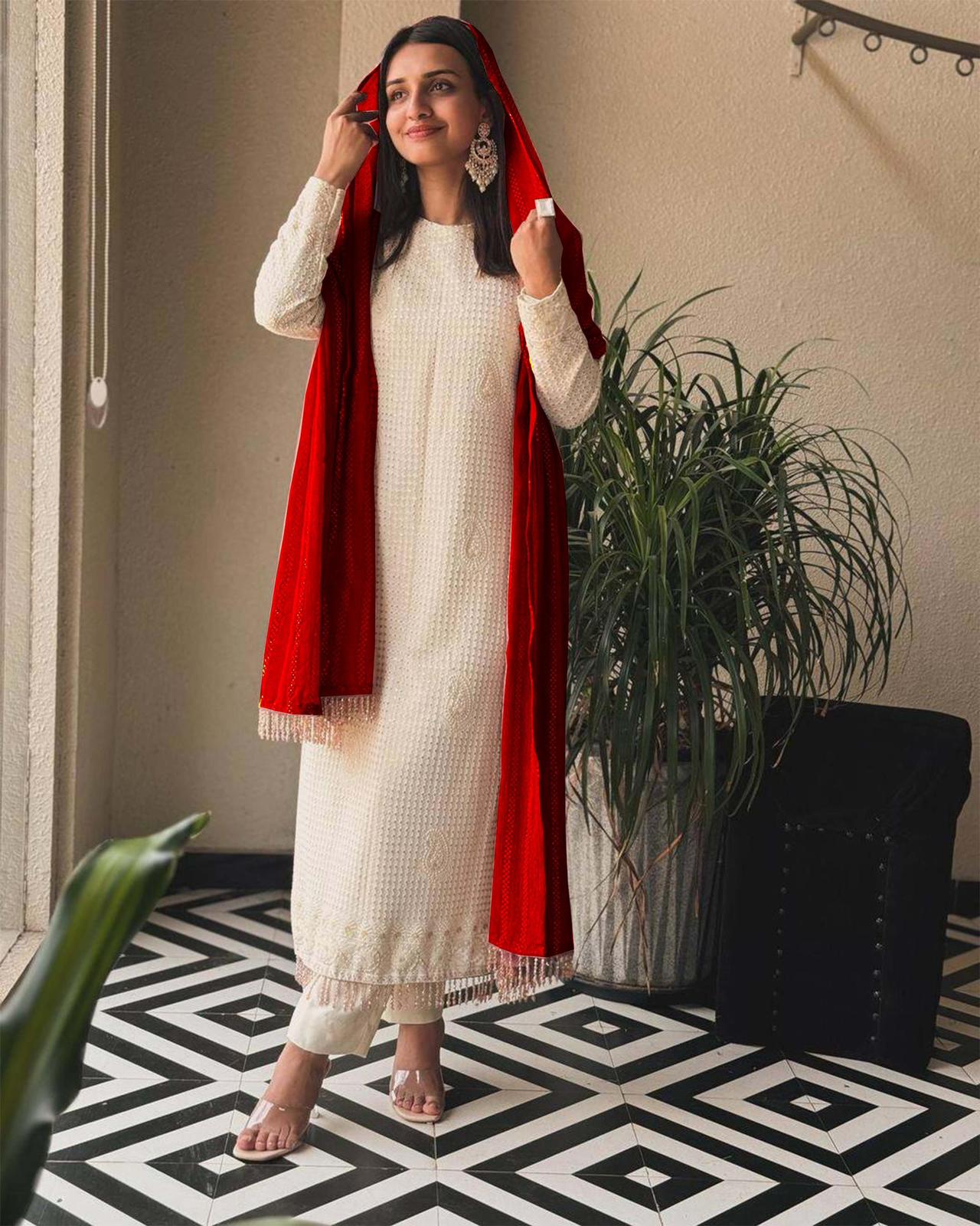 Fancy Faux Georgette Sequence Thread Embroidered Salwar Suit with Red Dupatta