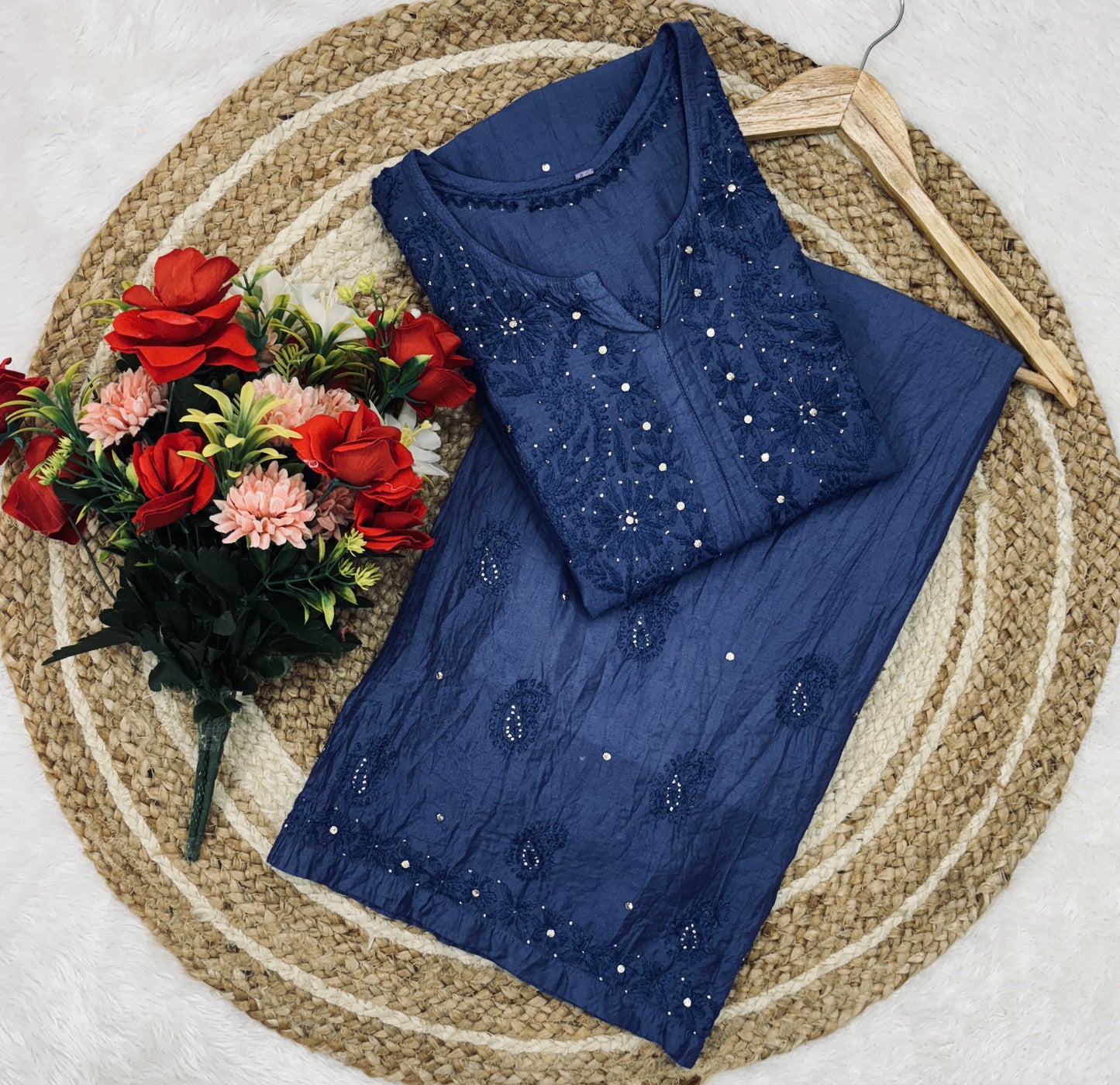 Navy Blue Lucknowi Chikankari Ghass Patti Work Chanderi Kurti & Palazzo Set with Mukesh and Moti Work