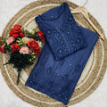 Navy Blue Lucknowi Chikankari Ghass Patti Work Chanderi Kurti & Palazzo Set with Mukesh and Moti Work