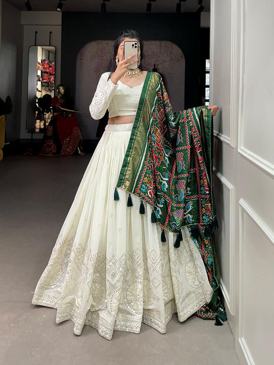 White  Elegant Lucknowi Paper Mirror Work Lehenga Choli Set Green Dupatta