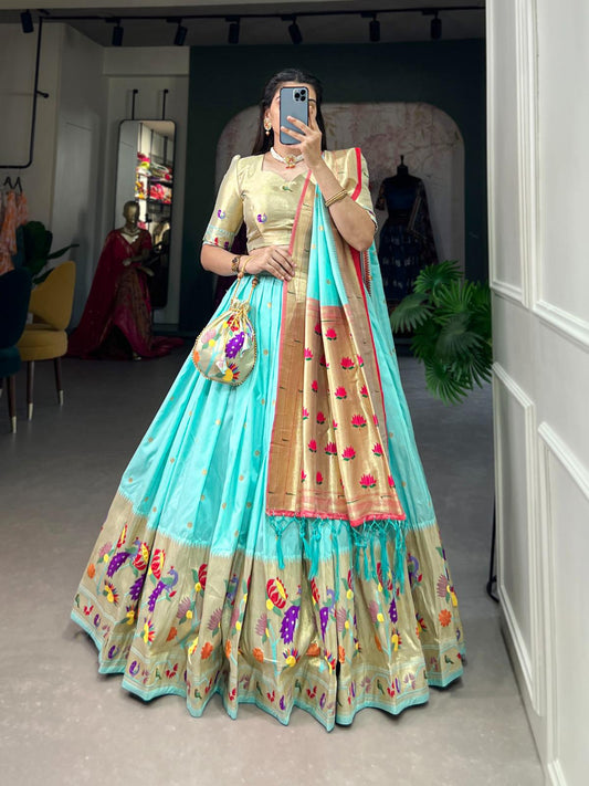 Blue Jacquard Silk Paithani Lehenga Choli – Embodying the Essence of Tradition