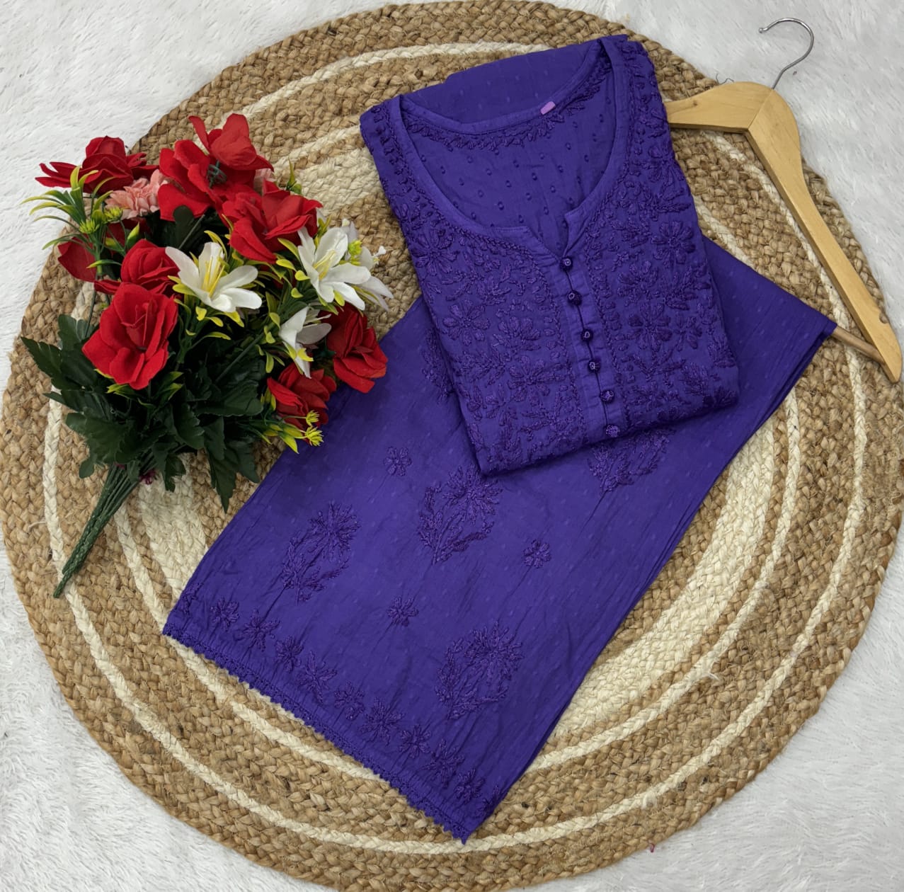 Purple Lucknowi Chikankari Ghas Patti Handwork Dobby Cotton Kurti Palazzo Set with Lace and Kureshiya Buttons