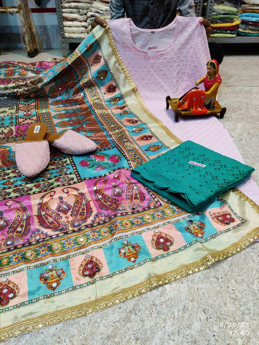 Baby Pink Elegant Chikankari Kurti, Palazzo, and Pakistani Dupatta Set - Inayakhan Shop 