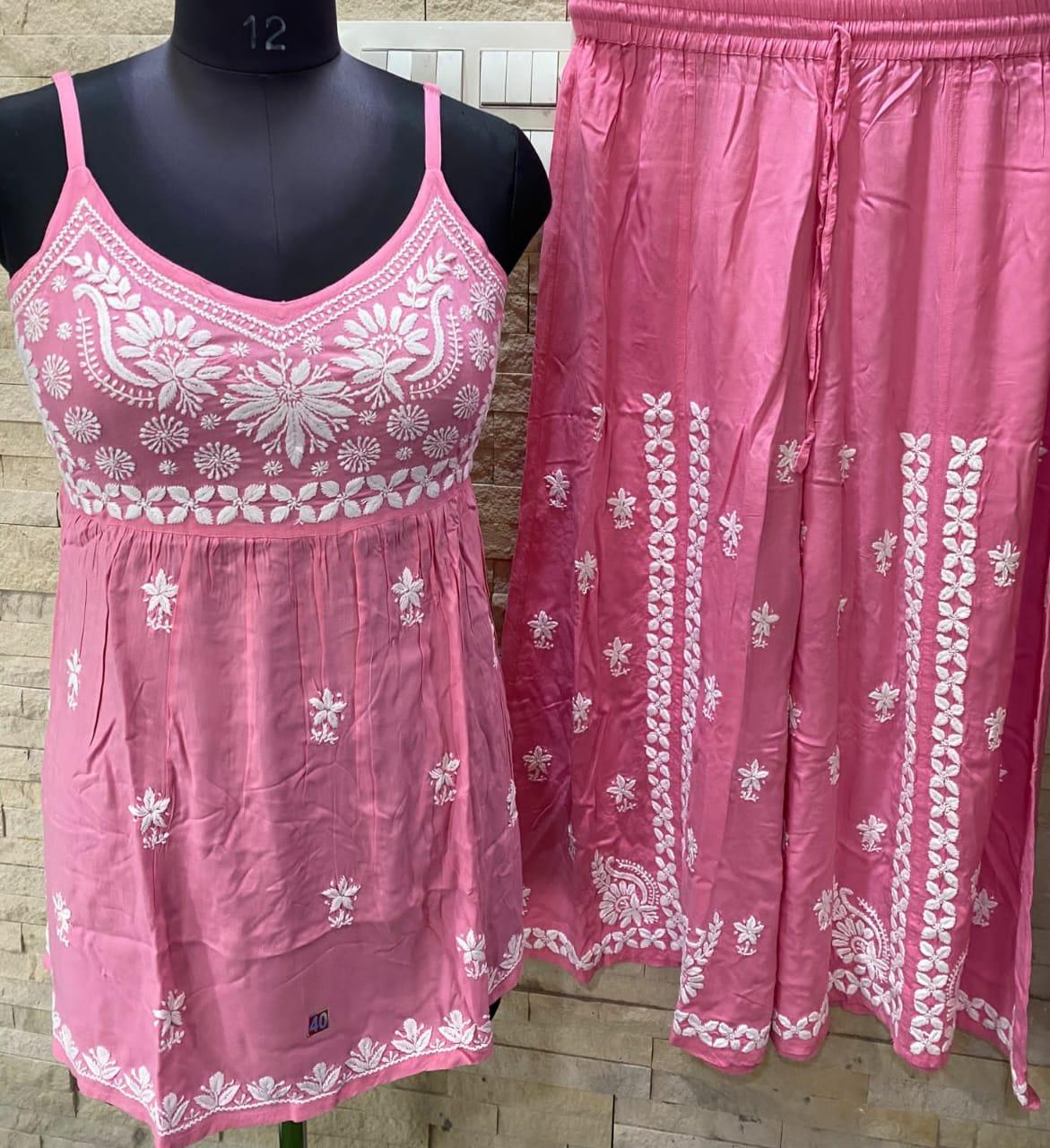Baby Pink Modal Cotton Lucknow Chikankari Strap Short Top with Heavy work Palazzo Set - Inayakhan Shop 