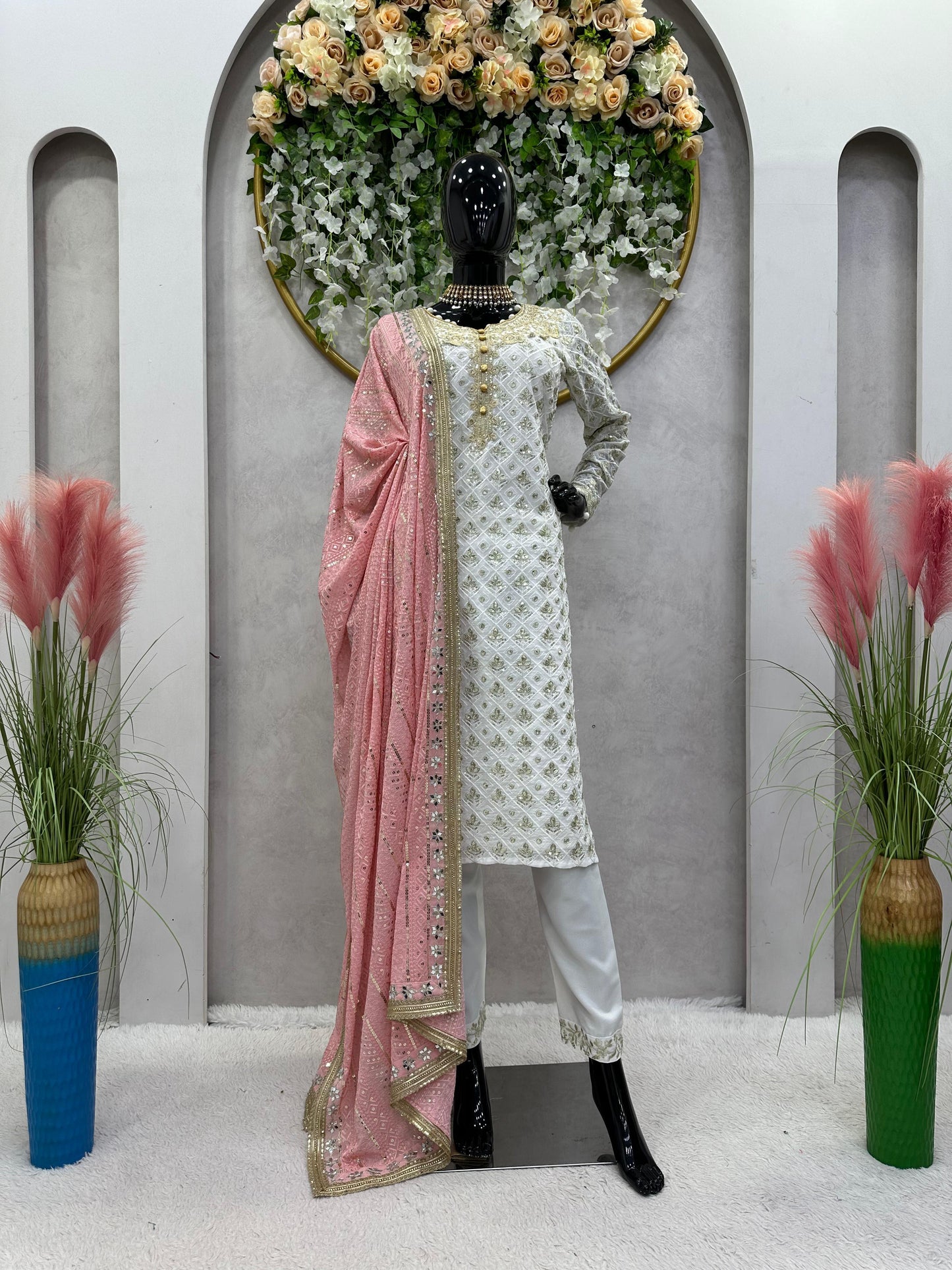Baby Pink Pakistani Style Salwar Kameez with Mirror Work and Sequins Dupatta - Inayakhan Shop 