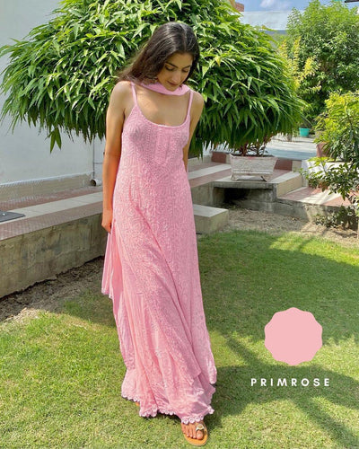 Baby Pink Viscose Strappy Chikankari Handwork Kurti , Viscose Sharara, Chiffon Dupatta