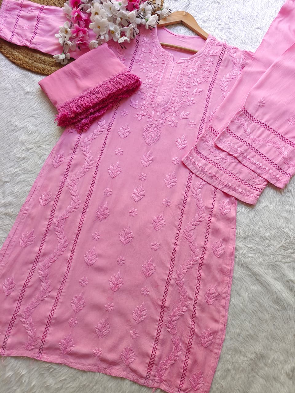 Baby Pink Aura Luxe: Premium Rayon 3-Piece Lucknowi Chikankari Ensemble