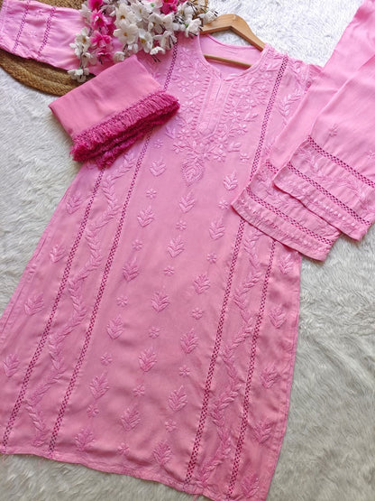 Baby Pink Aura Luxe: Premium Rayon 3-Piece Lucknowi Chikankari Ensemble