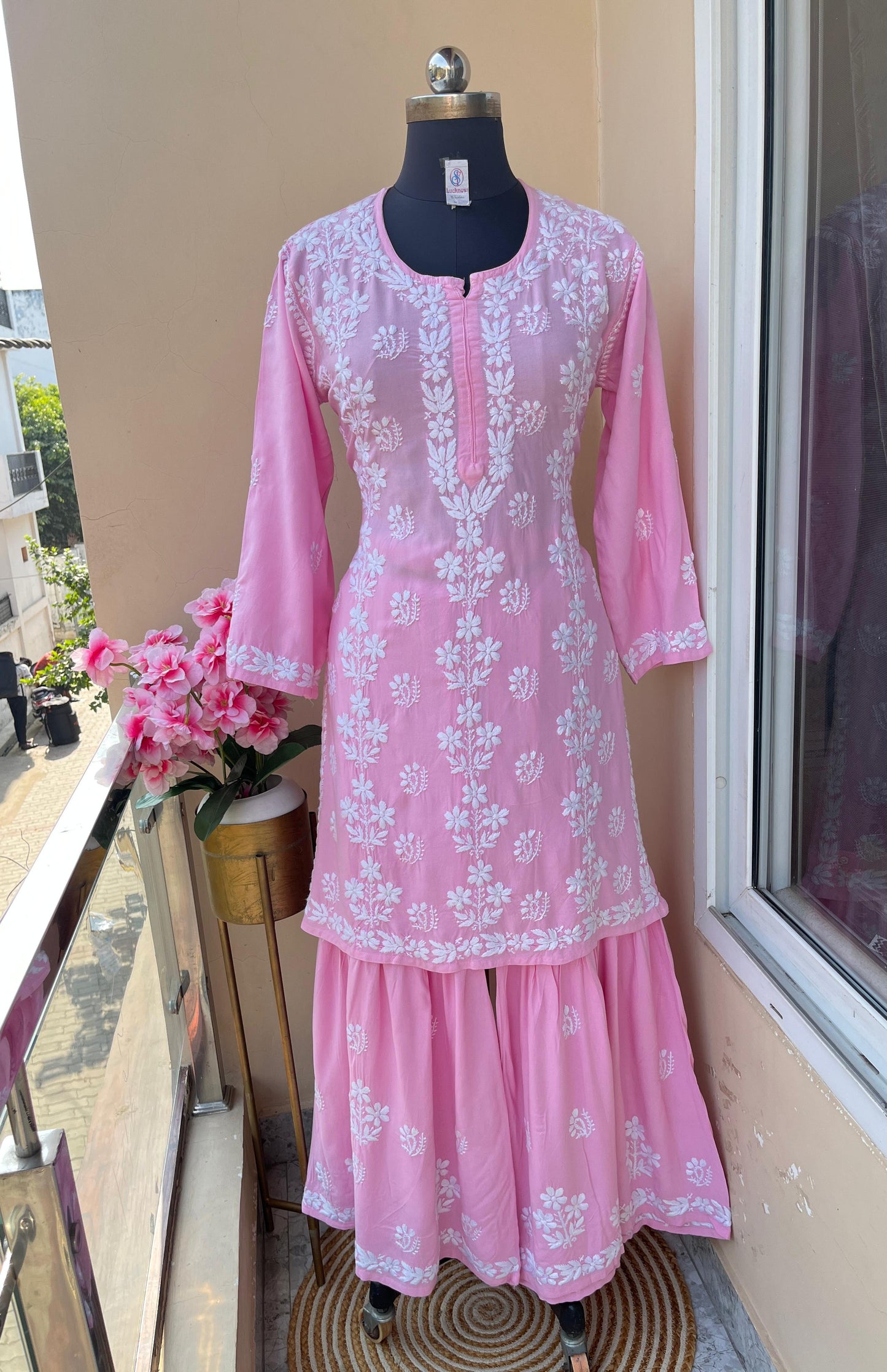 Baby Pink Premium Kurti & Gharara Co-ord Set – Lucknow Chikankari Handwork