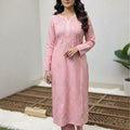 Baby Pink Lucknow Chikankari Handcrafted Muslin Kurti with Cutwork Embroidery Pant Set