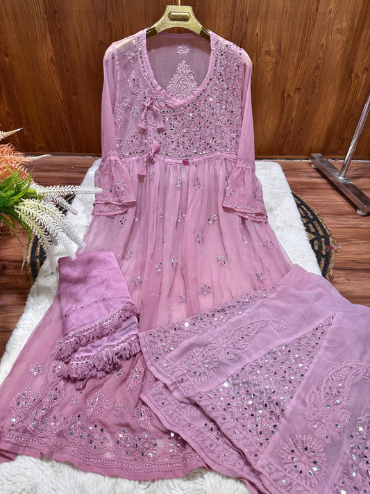 Baby Pink Lucknowi Chikankari Georgette Mirror Work Angrakha Gown with Sharara & Dupatta Set