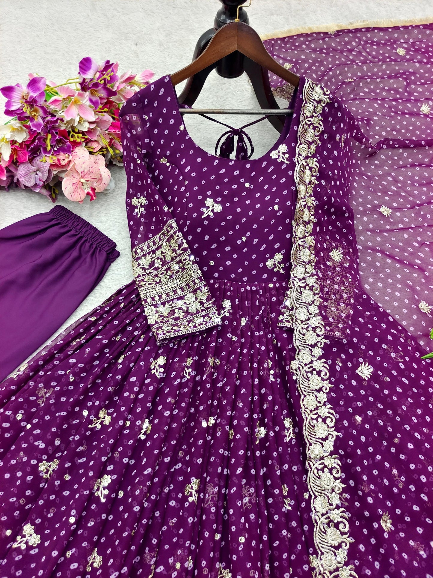 Bandhani Anarkali gown 5mm sequin embroidery detail