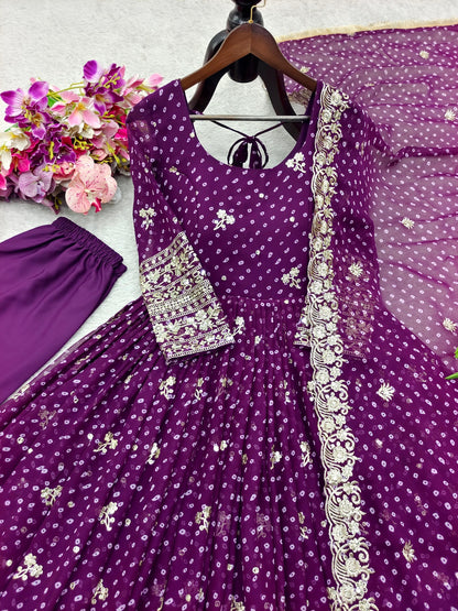Bandhani Anarkali gown 5mm sequin embroidery detail