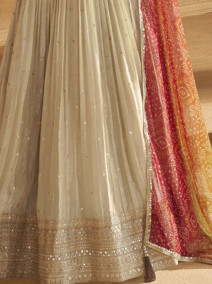 Best Seller Cream Sequins Silk Lehenga with Long Blouse for Wedding Wear