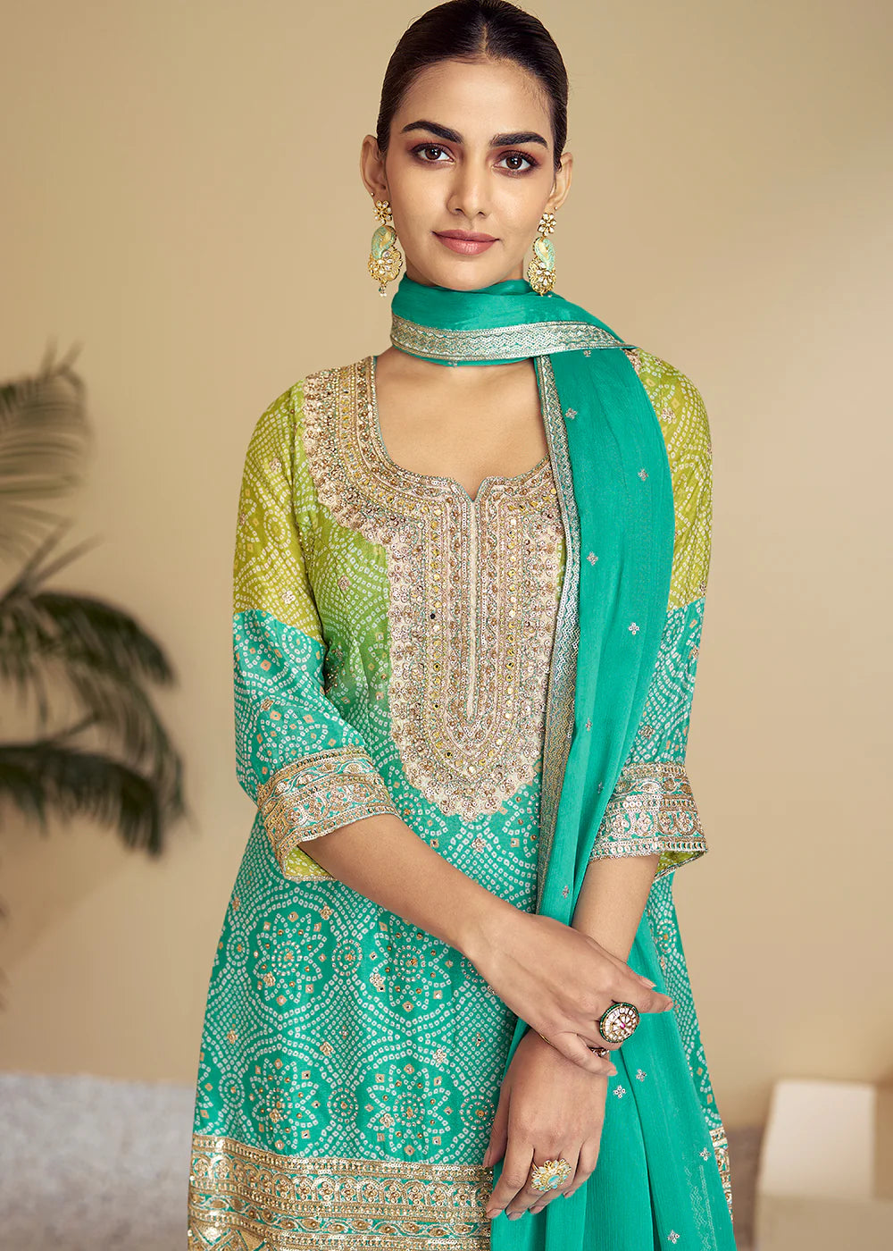 Green bandhani Print Style Premium Ombre Gharara Salwar Kameez with Dupatta