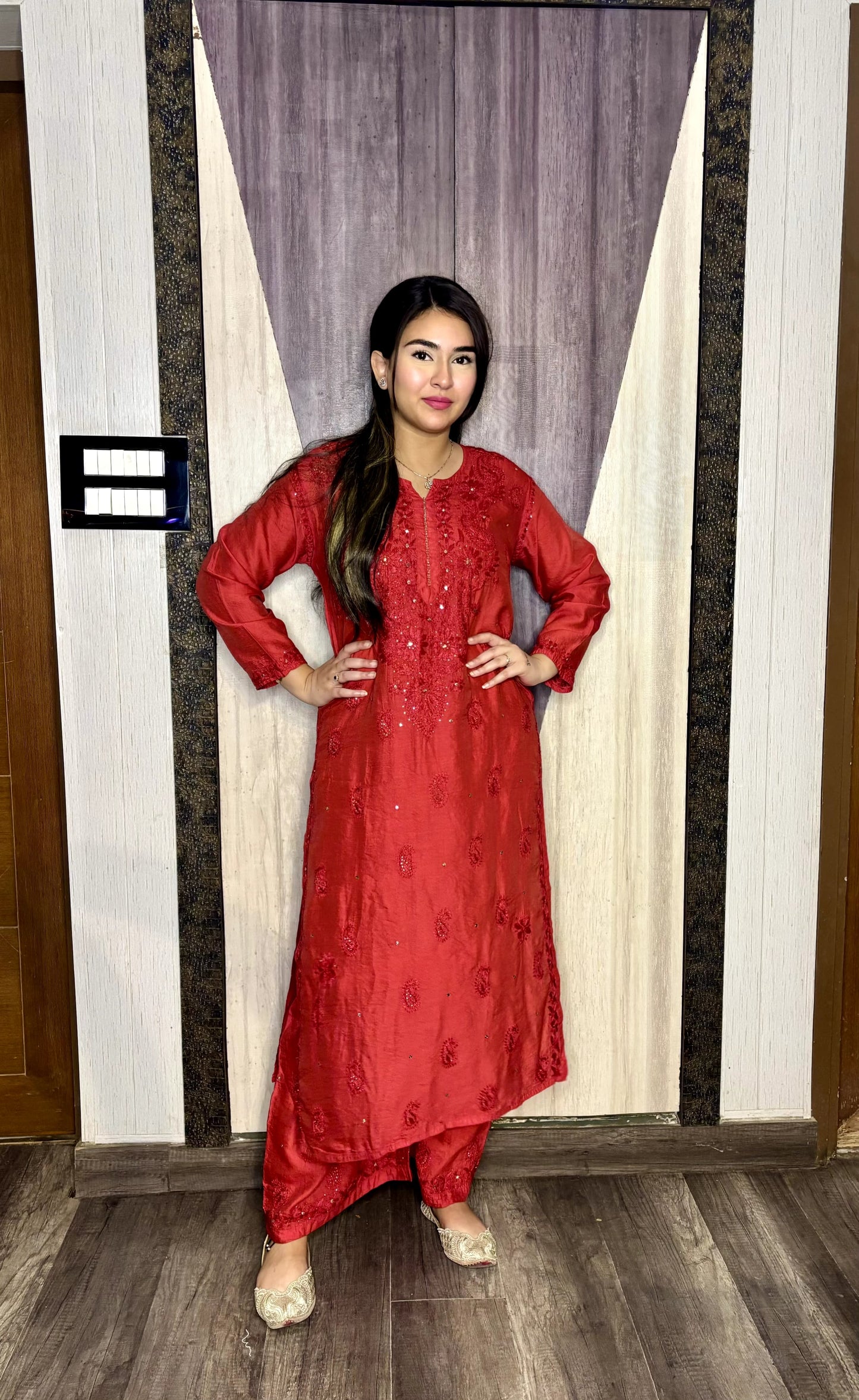 Red Lucknowi Chikankari Ghass Patti Work Chanderi Kurti & Palazzo Set with Mukesh and Moti Work