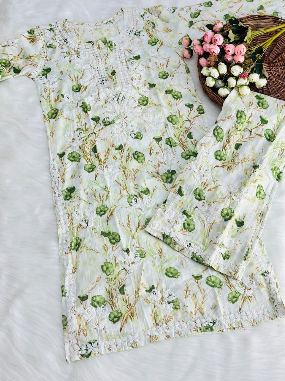 White and Green Floral Premium Quality Mulmul Lucknow Chikankari Palazzo Set