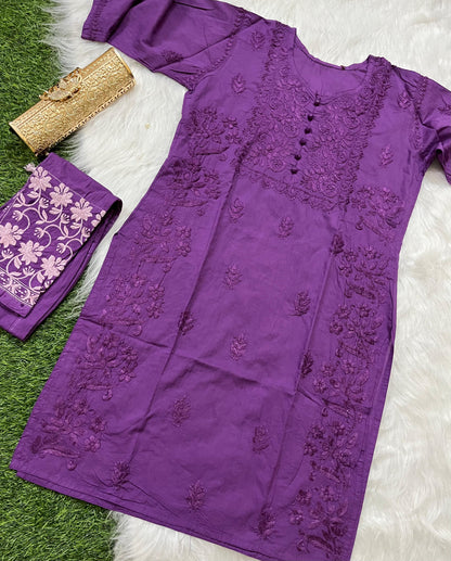 Purple Cotton Chikankari Hand Work Kurta Pant Suits