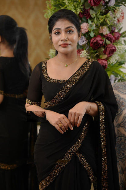 Black Super Hit Georgette Embroidery Gown Saree