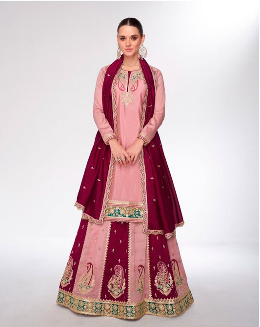 Pink Premium Silk Lehenga & Long Choli Dupatta Set