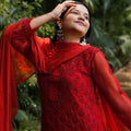 Beautiful Red Opulent Mukesh Booti Jaal Georgette Ensemble
