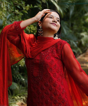 Beautiful Red Opulent Mukesh Booti Jaal Georgette Ensemble