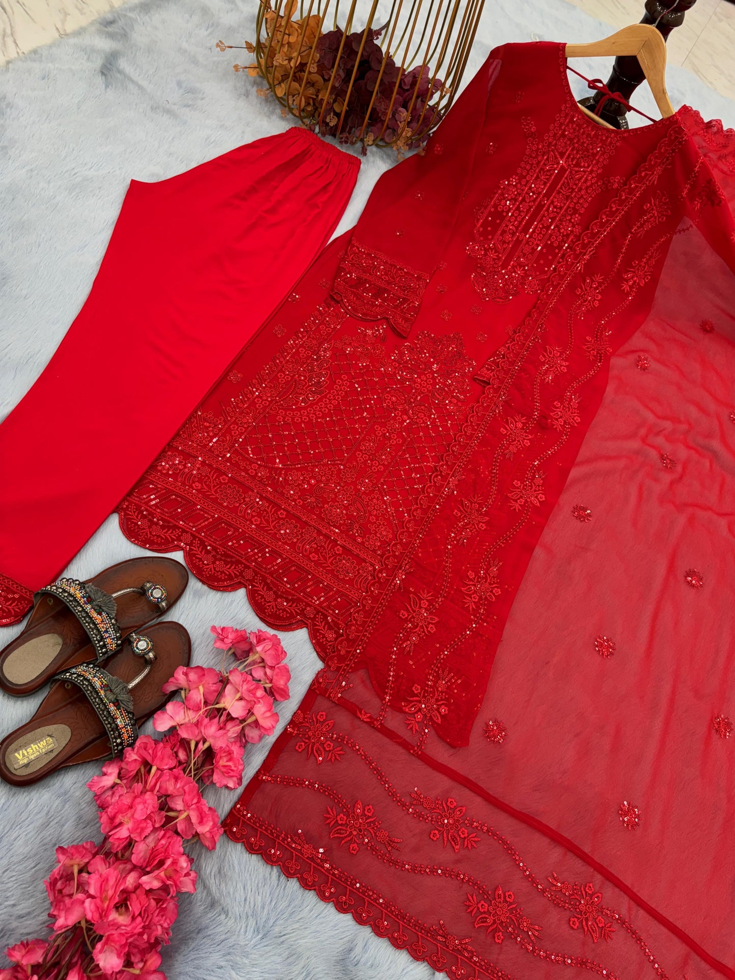 Beautiful Red Premium Designer Readymade Top, Bottom & Dupatta Set - Inayakhan Shop 