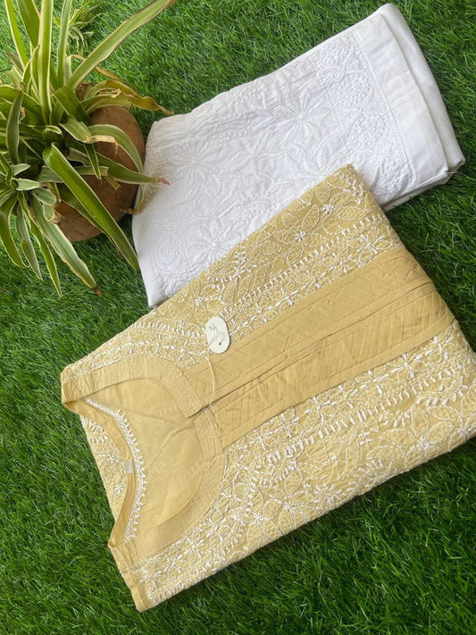 Beige Exclusive Cotton Voile Chikankari Handwork Kurti with Pants - Inayakhan Shop 
