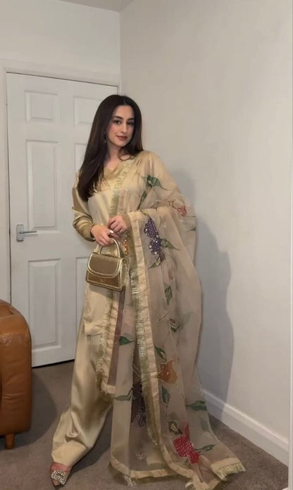 Designer beige party wear silk suit with organza dupatta