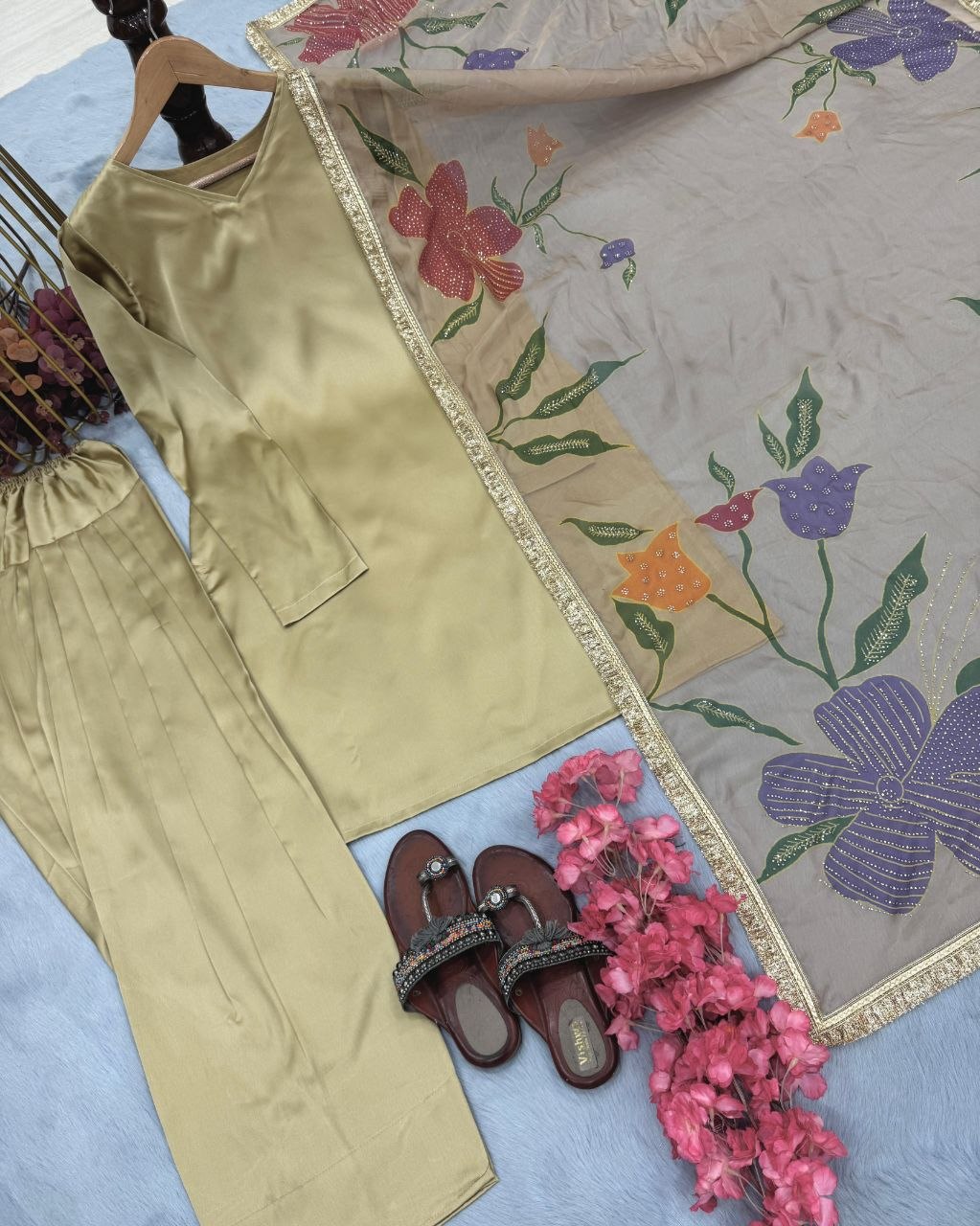Beige Japan satin silk top plazzo set with printed organza dupatta