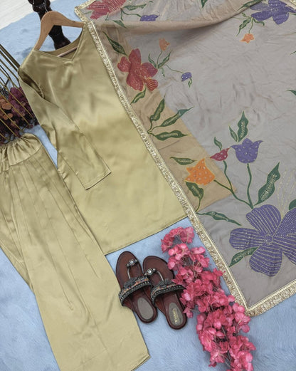 Beige Japan satin silk top plazzo set with printed organza dupatta