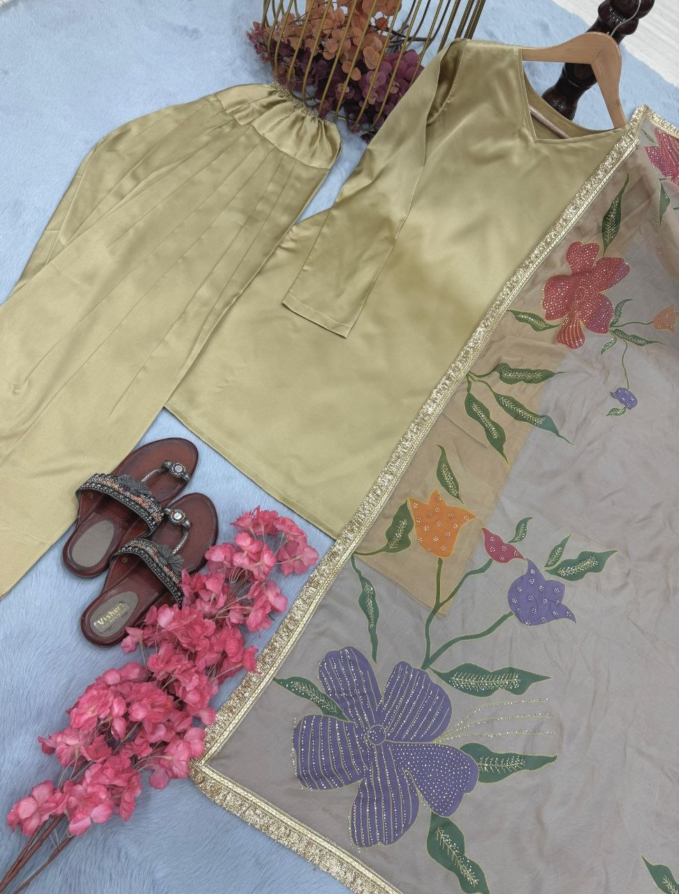 Beige silk plazzo suit with floral dupatta detail