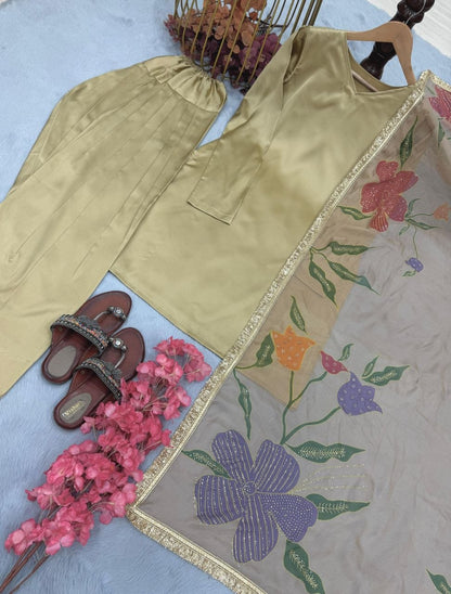 Beige silk plazzo suit with floral dupatta detail