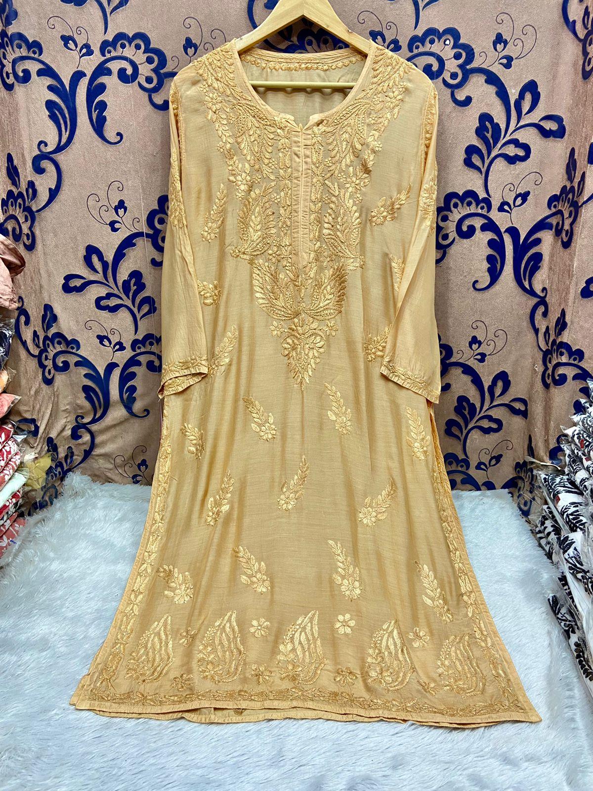 Beige Silken Elegance Masleen Kurti - Premium Heavy Work Collection - Inayakhan Shop 