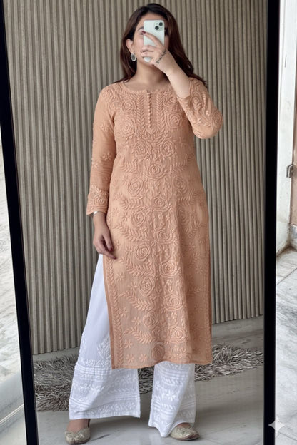 Beige Lucknowi Chikankari Rose Viscose Georgette Kurta Set