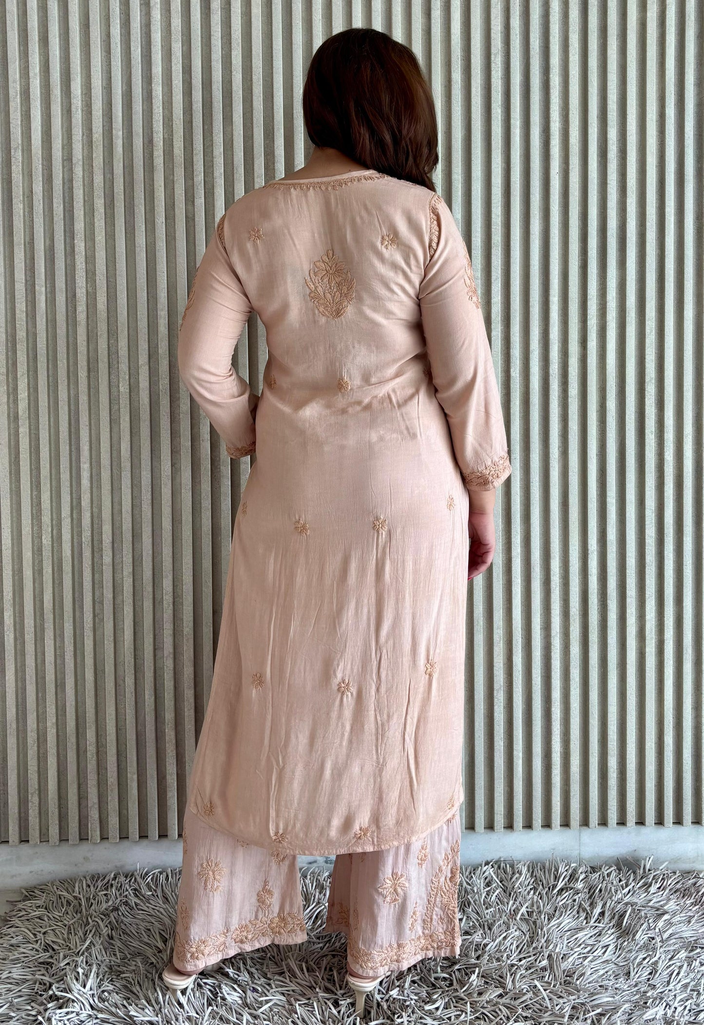 Beige Plus Size Lucknow Chikankari Modal Kurti with Palazzo Set