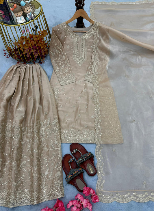 Beige Ethereal Silk Embroidered Ensemble Eid Special