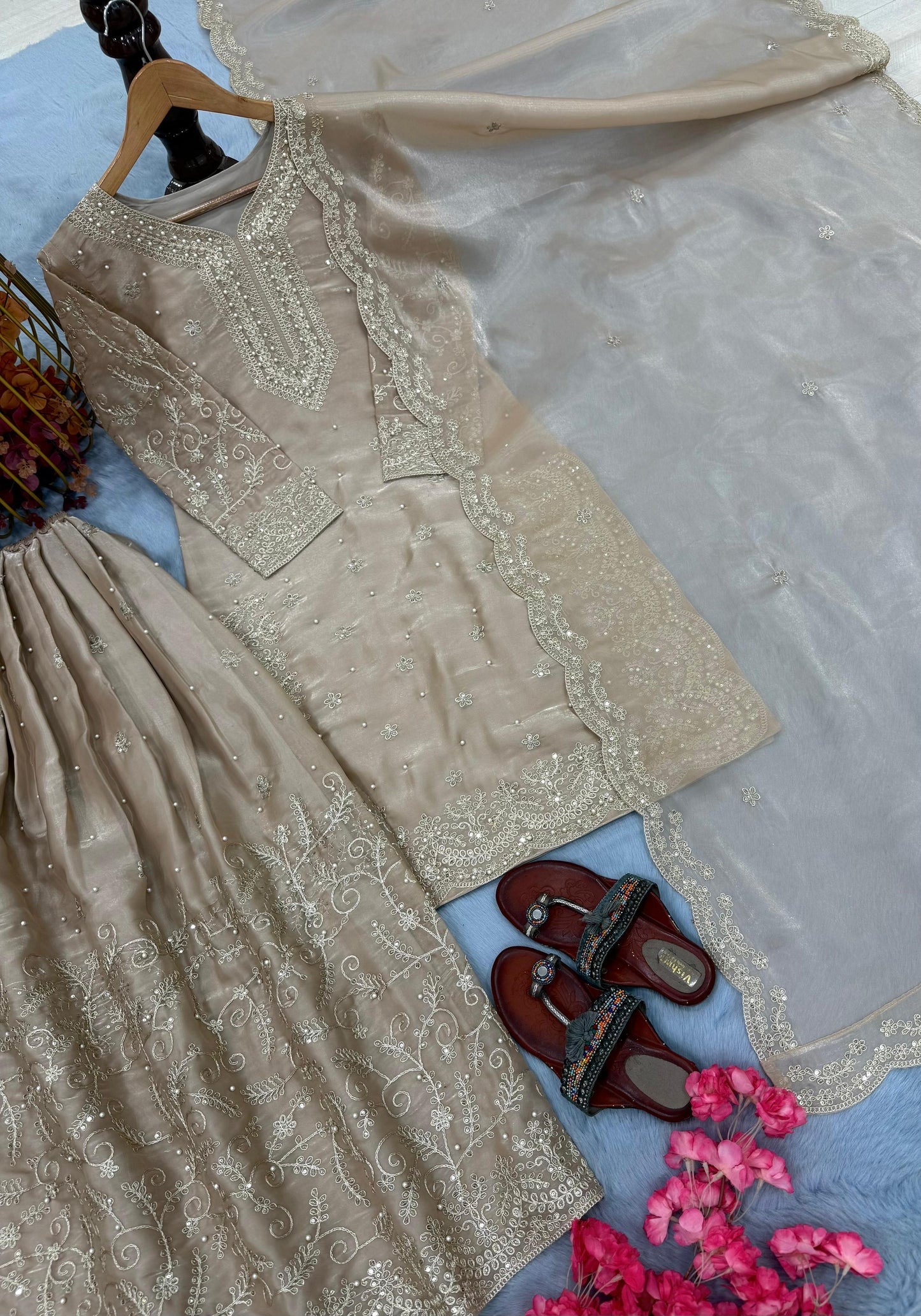 Beige Ethereal Silk Embroidered Ensemble Eid Special