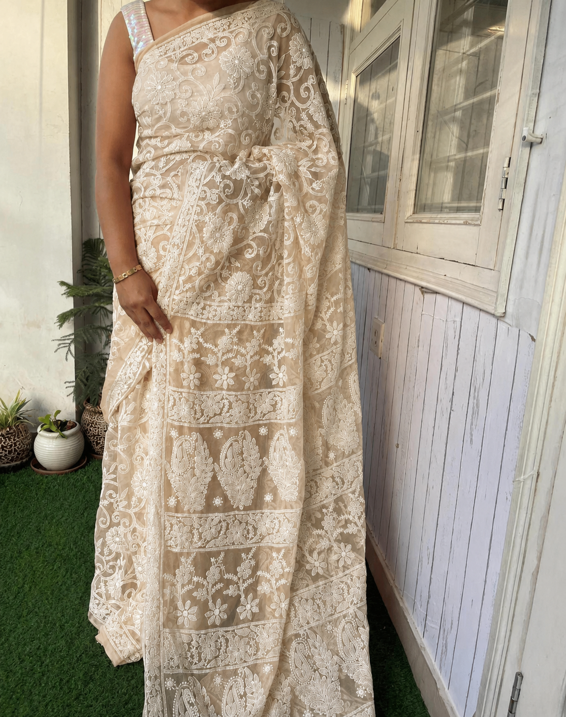 Beige Cream Color Full Jaal Chikankari Saree by Inayakhan (New)