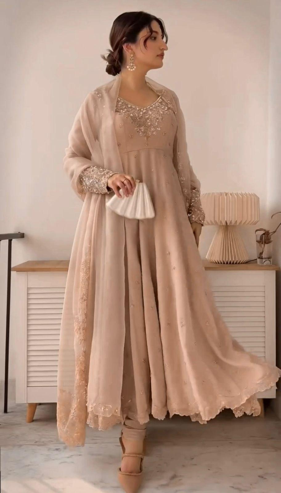 Peach Embroidered Georgette Women's Party Wear Gown Set