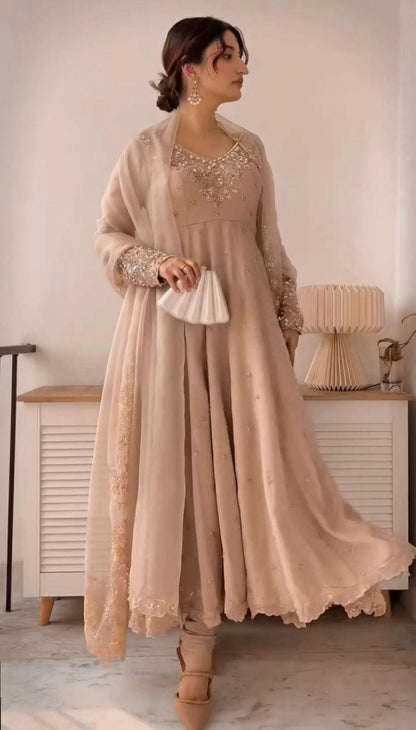 Peach Embroidered Georgette Women's Party Wear Gown Set