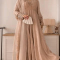 Peach Embroidered Georgette Women's Party Wear Gown Set