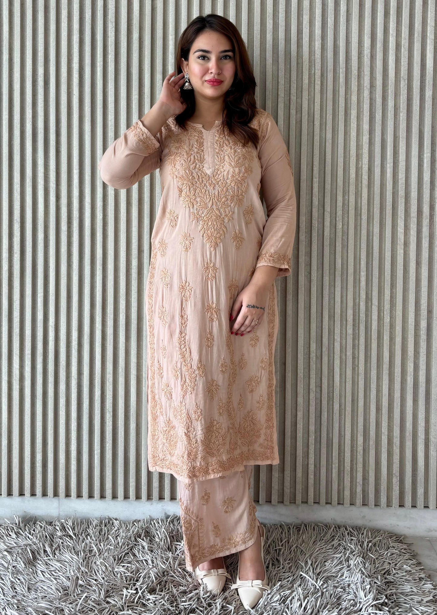 Beige Plus Size Lucknow Chikankari Modal Kurti with Palazzo Set