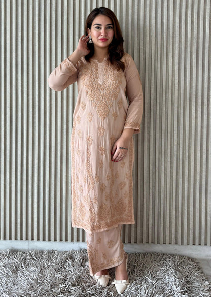 Beige Plus Size Lucknow Chikankari Modal Kurti with Palazzo Set