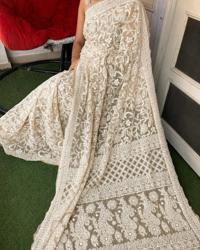Beige Cream Color Full Jaal Chikankari Saree by Inayakhan (New)