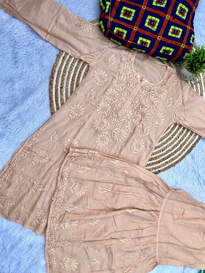 Beige 3D Work Modal Gharara Set | Lucknow Chikankari Kurta
