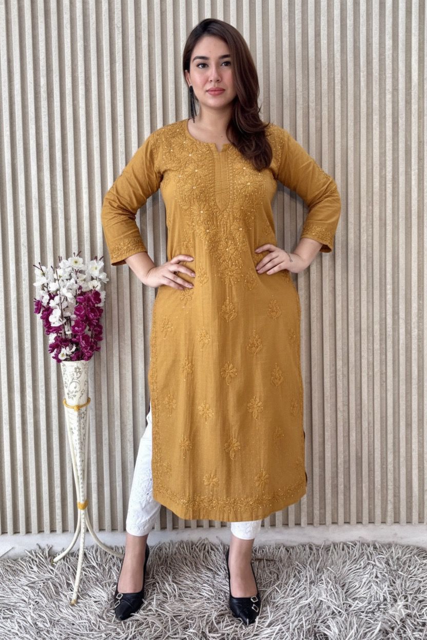 Beige Exquisite Lucknow Chikankari Mukesh Work Kurti Set